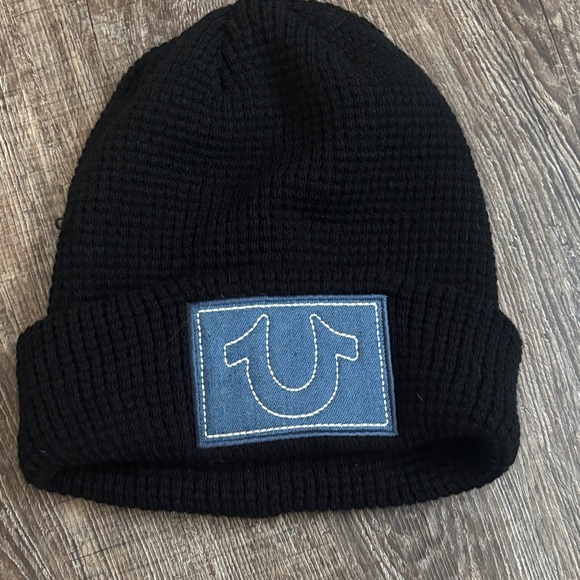 True Religion Black Knit Beanie with Blue Patch - Picture 1 of 4